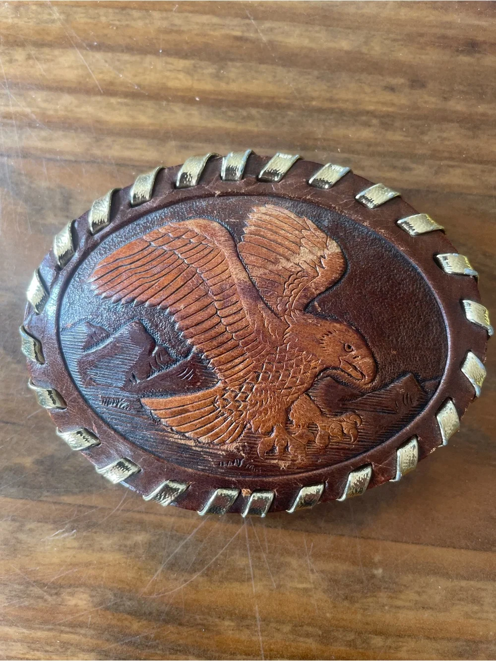 Vintage Leather Eagle Belt Buckle - Brown with Gold Accents western rustic
